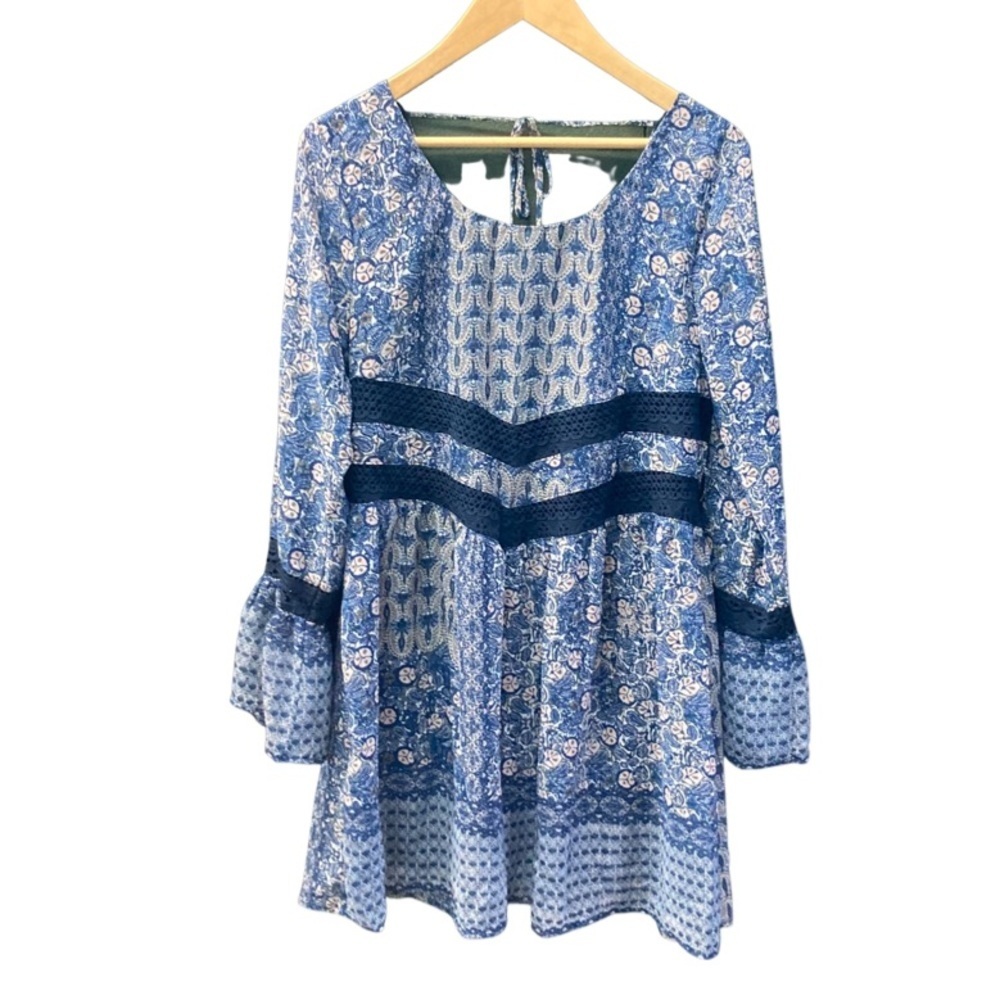 Maurices Women’s Dress Oversized Sz S Blue Patchwork Peasant Boho Babydoll Mini